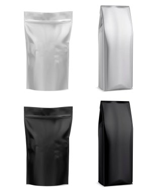 Kahve poşeti modeli, beyaz paket. 3D kese tasarım şablonu oluşturur. Kuru içecek, gümüş paket. Gerçekçi toz içecek kutusu. Gri çay torbası. Bisküvi ya da bisküvi kutusu.