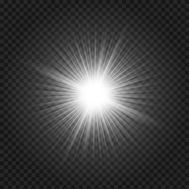 Işık parıltısı etkisi. Şeffaf arkaplanda vektör yıldız patlaması. Sihirli, parlak bir parıltı. Disko partisi simleri. Karanlıkta güneş ışığı merceği parlıyor. Kıvılcım dekorasyonunu patlat. Yıldız patlaması