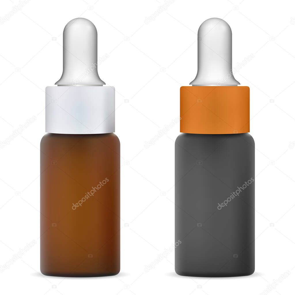 Dropper bottle isolated. Cosmetic eyedropper mockup. Brown medical container with serum, vector mockup blank. Black vial with pipette lid for collagen solution or medicine tincture