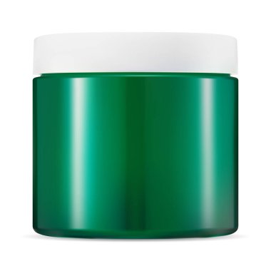 Krema kavanozu. Yeşil plastik kozmetik konteynır. Beyaz başlıklı yüz bakımı kremi için vektör paketi boş. Etiketsiz makyaj pudrası için gerçekçi, parlak, yuvarlak bir paket. Ön görünüm