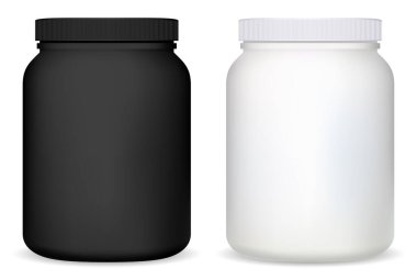 Protein kavanozu. Beyaz plastik takviye şişesi boş. Süt tozu kabı, mat yuvarlak maket. Hap kapsülü silindir paketi. Spor salonundaki vitamin kutuları. Kas sporu için Casein kutusu