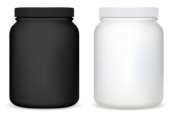 Protein kavanozu. Beyaz plastik takviye şişesi boş. Süt tozu kabı, mat yuvarlak maket. Hap kapsülü silindir paketi. Spor salonundaki vitamin kutuları. Kas sporu için Casein kutusu