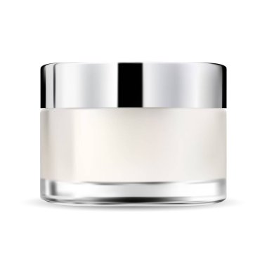 Kozmetik krema kavanozu. Yüz kremi şişesi modeli. Plastik kapaklı makyaj paketi modeli. Makyaj tozu kabı beyaz arka planda izole edilmiş. Yüz bakımı ürünleri paketleme