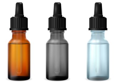 Düşüren şişeyi temizle. Kozmetik esaslı cam şişeler. Pipetli serum cam matara. İlaç kolajen tüpü beyaz arka planda izole edildi. Parfüm özü ürün şişeleri.