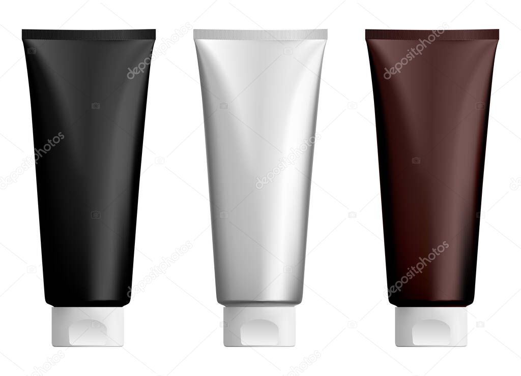 Cosmetic cream tube. Lotion plastic tubes mockup. Face of hand gel bottle template design, realistic illustration. Soft thoothpaste packaging to squeeze. BB creme or shampoo tubes