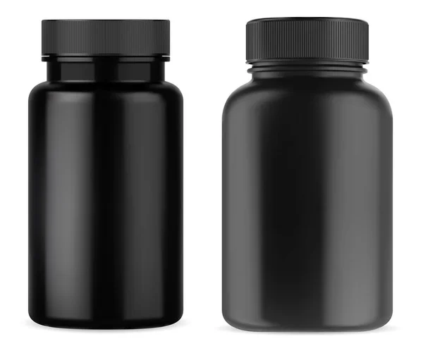 Siyah ilaç takviyesi şişesi. Vitamin kavanozu plastik maketi. Siyah ilaç konteyneri beyaz arka planda izole edilmiş. İlaç kapsülü paketi şablon oluşturur. Spor tableti şişeleri