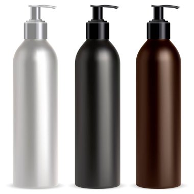 Pompa şişesi. Dispenser kozmetik şampuan modeli. Siyah, beyaz ve kahverengi gerçekçi pompa kutusu, vektör paketi. Beyaz üzerine izole edilmiş reklamlar için antibakteriyel losyon ya da köpük dezenfektan ambalajı