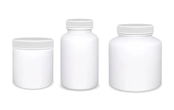 Műanyag Palack Elkülönítve Fehér Kiegészítő Tablettás Üvegek Orvosi Befőttesüveg Sablon — Stock Vector