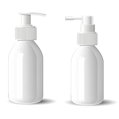 Pompa şişesi modeli. Kozmetik sprey sprey şişesi boş. Beyaz arka planda pompa dağıtıcısı olan güzellik serumu için parlak bir kap. Vakıf krem ambalaj seti, kadın cilt bakımı
