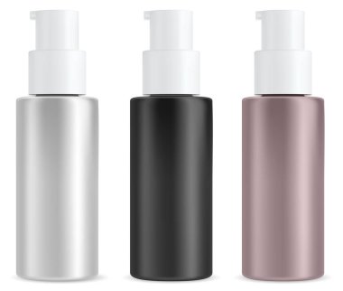 Kozmetik pompa şişesi. Güzellik serumu boş. Şampuan ya da krem plastik şablon modeli. Yüz nemlendirici konteynır. Makyaj tabanı veya toner sıvı gerçekçi şişeler, mini kavanoz