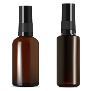 Kahverengi cam şişe. Vida kapaklı tıbbi şurup şişesi. Gerçekçi esaslı yağ şişeleri 3D maket, vitamin kozmetik. İlaç kavanozu, damlalık kapaklı, eczacı ambalajlı.