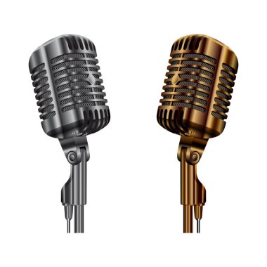 Klasik mikrofon vektörü. Radyo stüdyo ses mikrofonu. Konser sahnesi veya karaoke mikrofon, altın ve gümüş metal ekipman çizimi. Ses kaydı profesyonel performans mikrofon tasarımı