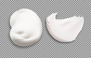 Krema deseni. Kozmetik krem lekesi, şeffaf arka planda izole edilmiş beyaz kumaş. Sıvı yüz jölesi veya losyon damlası. Yüz sütü nemlendirici ocak. Krem sürme, saç köpüğü veya güneş kremi