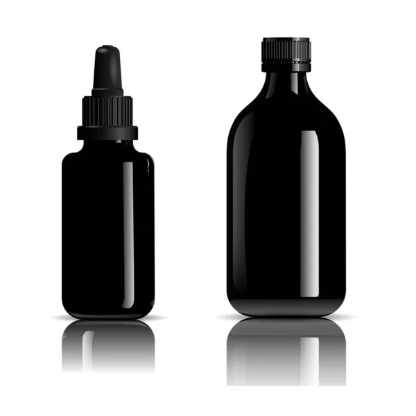 Bottiglia Cosmetica Nera Mockup Contagocce Siero Vettoriale Succo Liquido Imballaggio — Vettoriale Stock