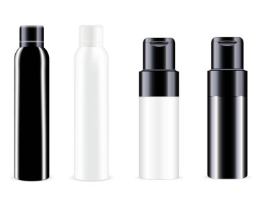 Sprey şişesi. Vektör kutusu, alüminyum teneke deodorant boş. Kozmetik sprey kutusu modeli. Gerçekçi alüminyum sprey tüp modeli. Yuvarlak tazeleyici paket. Tuvalet kokusu veya terleme önleyici.