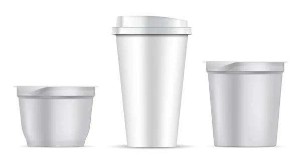 Papieren Koffiekopje Plastic Pot Wit Wit Geïsoleerde Yougurt Container Vector — Stockvector