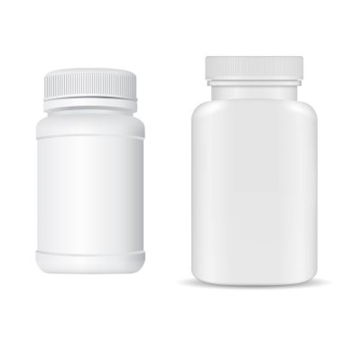 Beyaz plastik vitamin hapı kavanozu. Yedek şişe boş, kapaklı 3D paket. İlaç kapsülü kavanozu şablon, vektör oluşturur. Reçeteli aspirin için tıbbi ürün şişesi. Spor uyuşturucuları