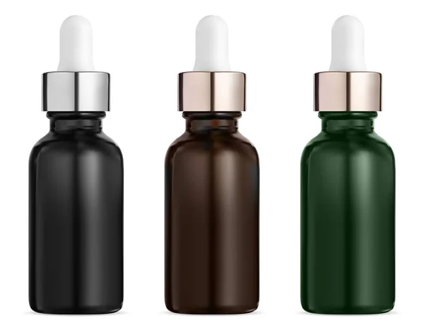 Kozmetik şişesi maketi. Tıbbi serum düşüşü. Kahverengi cam şişeler, tıbbi ürün tasarımı 3D model. Kehribar pipetli eczacı şişesi. Güzellik kolajeni göz damlası şişesi, doğal yağ tabakası.