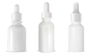 Beyaz damlalık şişesi. Kozmetik göz serumu. 3D vektör göz damlası paketleme modeli. Damlalık pipetli küçük şişe şablonu. Yüz bakımı için lüks bir aroma şişesi.