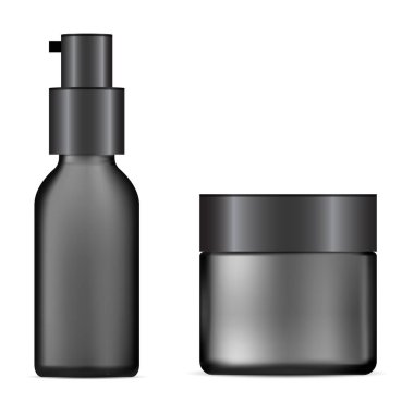 Siyah makyaj şişesi, krema kavanozu maketi. Tedavi için serum özü şişesi ve pezevenk ilacı. Jel nemlendirici ürün tasarımı. Krem tabanı veya balmumu kavanozu