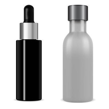 Serum şişesi düşürücü kozmetik modeli. Siyah cam şişe 3D vektör. Gümüş kapaklı pipetli kolajen ambalaj şişesi. Tıbbi şişeler boş, güzellik kabı.