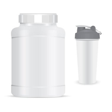 Protein şişesi modeli. Spor karıştırıcı beslenme tozu şişesi. Beyaz protein ürün kutusu. Besleyici mikser illüstrasyonu, spor içeceği bardağı, milkshake içeceği. Spor salonu vitamin silindiri paketi, izole et