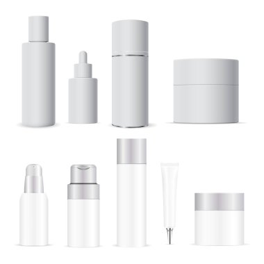 Beyaz kozmetik şişesi. Krem, losyon tüpü vektörü boş. Şampuan paketi maketi. Sıvı sabun pompası dağıtıcı ambalajı. Kozmetik şişe seti. Serum düşürücü, spa merhemi, banyo hijyeni, cilt bakımı.