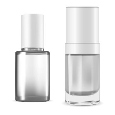 Tırnak cilası şişesi. Manikür emaye paketi, beyaz arkaplanda izole edilmiş vektör çizimi. Vernik konteynır modeli. Tırnak cilası paketi boş, plastik silindir şişe renksiz set, tırnak parlatıcısı