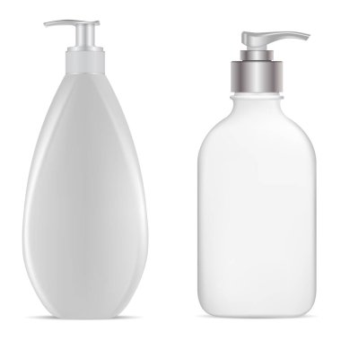 Pompa şişesi. Vektör dağıtıcı şişe maketi. Beyaz plastik el losyonu şişeleri, evcil hayvan şablonu. Pompalı jel ya da şampuan ambalajı boş. Gerçekçi saç nemlendirici tasarlayabilir.