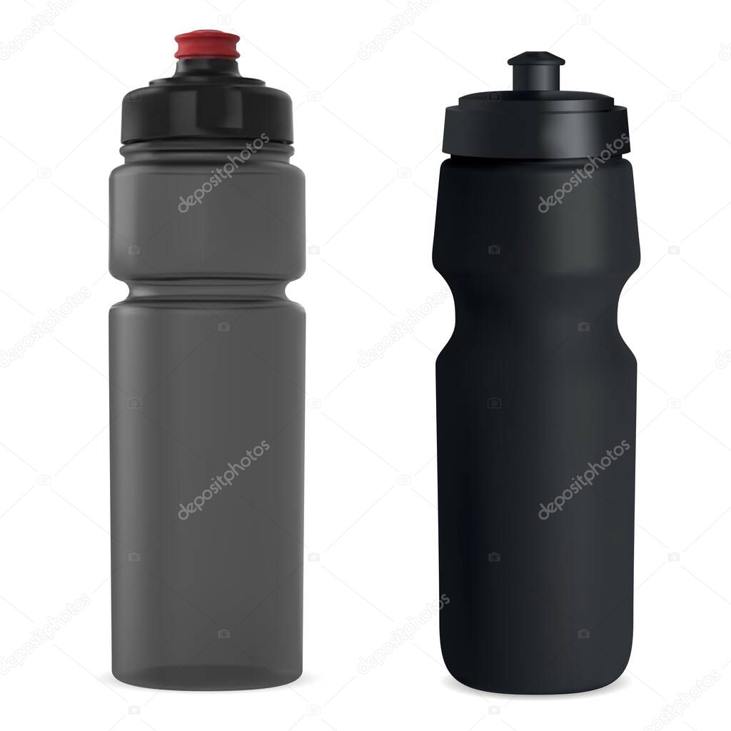 Sport water bottle. Plastic drink bottle vector blank. Reusable fitness bottle template mock up. Bicycle training bottles, adventure equipment. Hiking thermo bottle, clear object