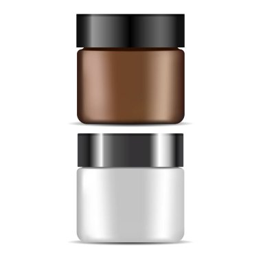 Kozmetik krem kavanozu, kahverengi, beyaz plastik şişe vektörü boş. Güzellik losyonu kabı, yüz bakımı ambalaj şablonu. Beyaz arka planda boş cam maketi. Makyaj tozu