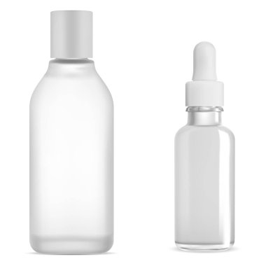 Kozmetik şişesi beyaz cam maketi, serum ve tonik her neyse, beyaz arka planda izole edilmiş. Vektör yağı şişesi, temiz tonik şişesi. Micellar su kabı. Deri kolajeni