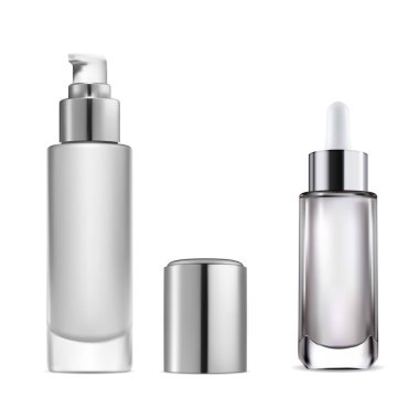 Kozmetik serum düşürücü şişesi. Gerekli su pompası şişesi. Göz damlacıklı cam bir matara. Kolajen ürün düşürücü flakon çizimi. Güzellik bazlı nem şablonu