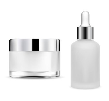 Krema kavanozu, damlatıcı şişesi şeffaf cam, göz damlası kapaklı serum paketi, 3D boş. Gümüş kapaklı matara, beyaz arka planda krema kabı. Cilt güzellik ürünü, makyaj. Temel göz damlası.