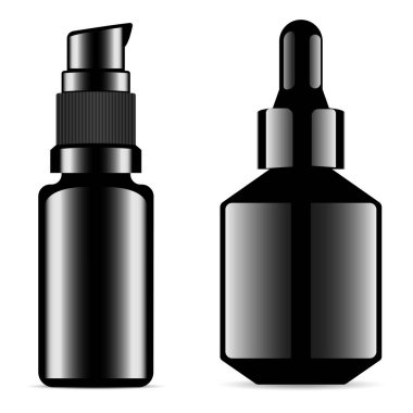 Serum şişesi siyah maket. Damlatan şişe, esans şişesi, maket. Deri temeli krem kaplaması. Aroma yağı şişesi, parlak siyah cam. Losyon için şeker şişesi. Göz damlası tentür ürünü.