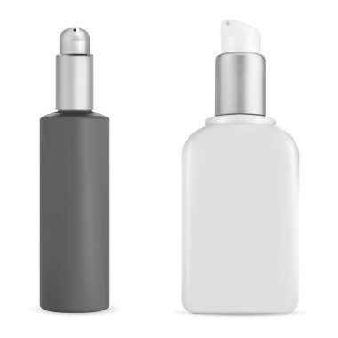 Pompa şişesi. Kozmetik krema makinesi. Yıkama kremi modeli beyaz arka planda izole edilmiş. Özel jel için evcil hayvan şişesi boş. Yüz serumu sıvı pompa dağıtıcısı, cilt bakımı