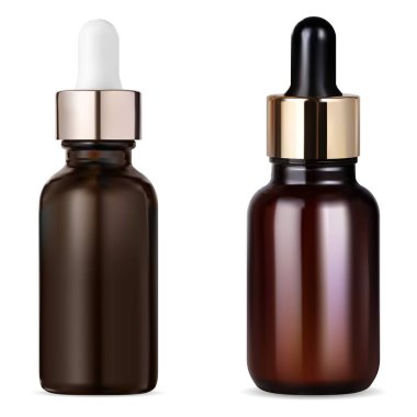 Tentür şişesi. Kozmetik serum düşürücü, temel yağ kahverengi cam şişe. Eczacı konteynırı kehribar göz damlası boş, beyaz arka planda vektör çizimi. Sıvı kolajen matarası