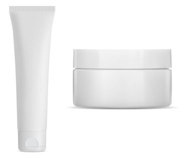 Krema tüpü. Kozmetik kavanoz modeli. Yuvarlak krema kavanozu, beyaz plastik ambalaj. Diş macunu tüpü boş. Yüz bakımı paketi, 3 boyutlu ön görüş. Gerçekçi eczane ürünleri kutusu, temiz paket.
