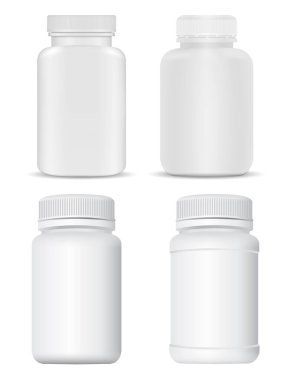 İlaç şişesi maketi. Beyaz plastik destek şişesi. Tıbbi ilaç kutusu, ilaç kavanozu, ilaç tedavisi konsepti. Makineli tüfek kutusu koleksiyonu tasarımı, gerçekçi ilaçlar şablon oluşturabilir, sağlık tedavisi tableti