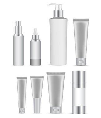 Kozmetik şişe modeli. Coasmetic paket boş. Şampuan şişesi beyaz şablon izole edildi. Lüks kozmetik ambalaj, pompa dağıtıcısı, serum düşürücü kavanozu, sağlık hizmetleri ambalajı koleksiyonu.