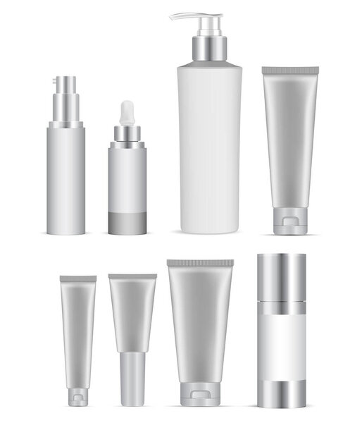 Косметический макет бутылки. Коасметическая упаковка пуста. Шампунь бутылку белого шаблона изолированы. Роскошная косметическая упаковка, насосный дозатор, банка для капельниц сыворотки, коллекция упаковки для гигиены здравоохранения