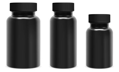 Siyah kapsül şişesi. İlaç kavanozu maketi, ilaç kutusu plastik paket. Ek şişe boş tasarım, tıbbi tablet vida ambalaj şablonu. Sağlık sporu şablonu