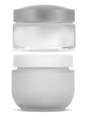Kozmetik krema kavanozu, beyaz yuvarlak kap. Plastik yüz kremi için maket yapabilir. Boş yüz pudrası paketi boş. Beyaz arka planda izole edilmiş losyon kavanozu. Basit plastik paket, merhem kavanozu.