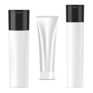 Şampuan şişesi, krem tüpü, kozmetik paket modeli. Banyo jeli ya da sabun kabı, 3 boyutlu vektör tasarım koleksiyonu. Duş malzemesi kabı, yüz bakımı parfümü. Yüz kremi koleksiyonu