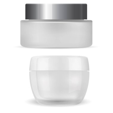 Krema kavanozu. Kozmetik paket modeli, plastik konteynır 3D vektörü. Yüz güzelliği ürünü, yuvarlak kozmetik kremi. Basit bir cam kavanoz, marka kimliği, ürün logosu. Kozmetik şişesi
