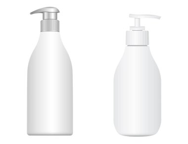 Pompa şişesi. Kozmetik şampuan makinesi. Nemlendirici losyon 3D vektör paketi. Pompa şişesi tasarımı, cilt bakımı. Batcher paket örneği. İlaç kapakçığı şişesi