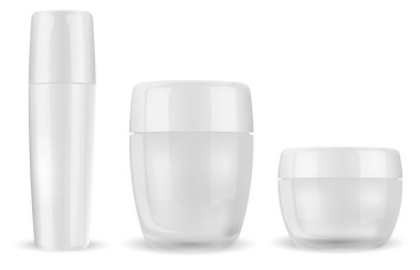 Krema kavanozu maketi. Yüz kremi kozmetik şişe. Parlak cam krema kavanozu boş. Yuvarlak berrak plastik paket, kozmetik kabı, merhem, toz, ilaç kutusu, cilt güzelliği tüpü 3d vektör ilülasyonu