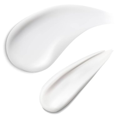 Kozmetik krem dokusu. Yüz kremi lekesi, vektör çizimi. Gerçekçi kremalı felç, yumuşak sütlü krema girdabı. Sıvı kapatıcı kumaş, fırça darbesi. Diş macunu, losyon veya jöle.