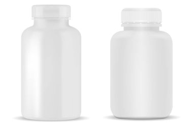 Beyaz hap şişesi. Plastik destek kavanozu boş. Reçeteli ilaç kutusu. Tıbbi tedavi ürünü şişe tasarımı. İlaç kavanozu dikey şablon çizimi. Vitamin şişesi.