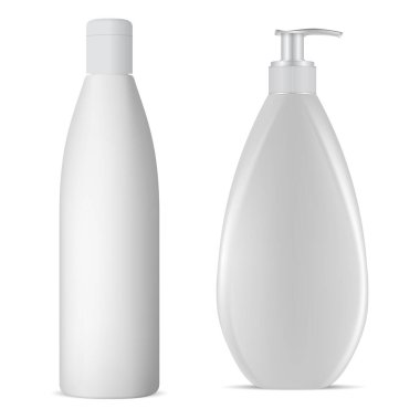 Beyaz şampuan şişesi, krema paketi tasarımı. Pompa boş, gri plastik kap. Soyut dağıtıcı çizim seti, banyo hijyen şablonu, vücut yağı, yüz köpüğü